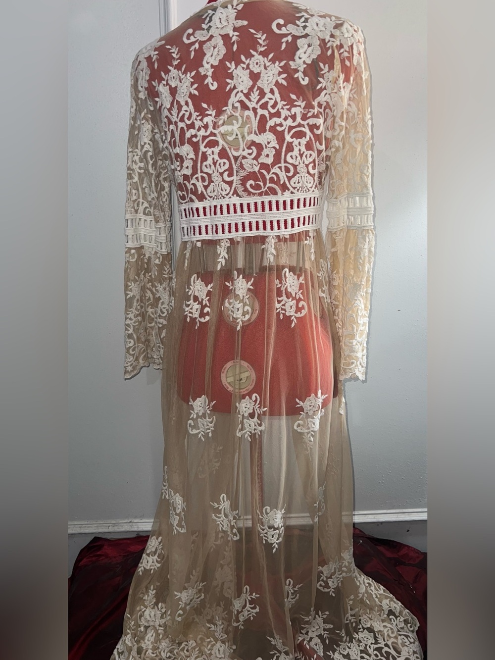 Forever 21 Sheer Lace Embroidered Long Robe Duster Creamsize Medium - Picture 8 of 11